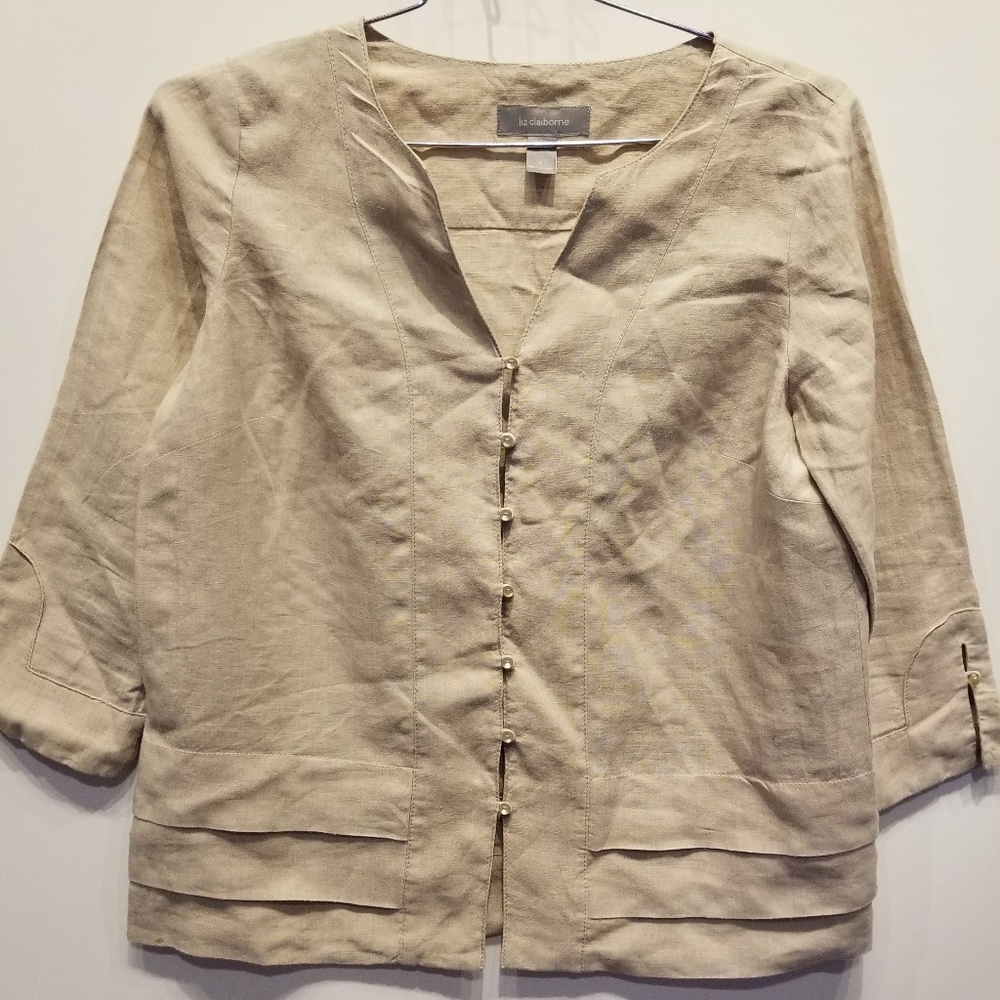 Liz Claiborne Tops M Blouse Linen Pearl Button Long Sleeve Coastal Classic White